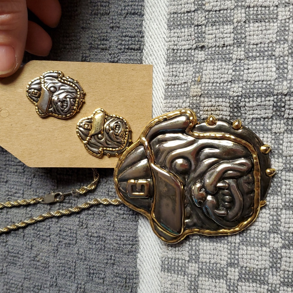 Vintage Large UGA Bulldog Figural Face Pin Brooch Pendant And Earrings